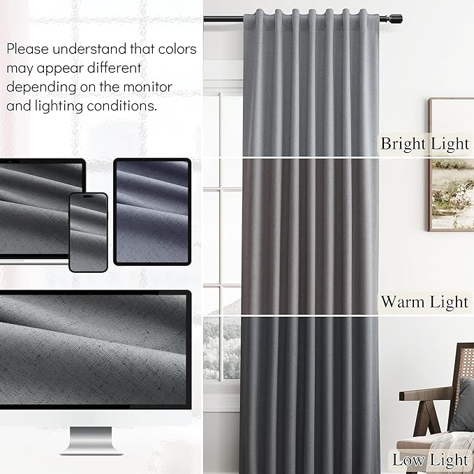 Guken Grey Linen 100% Blackout Curtains for Living Room 96 Inches Long 2 Panels Set Back Tab Textured Modern Light Blocking Privacy Curtains for Room Divider Bedroom Sliding Door Gray 52x96 8Ft