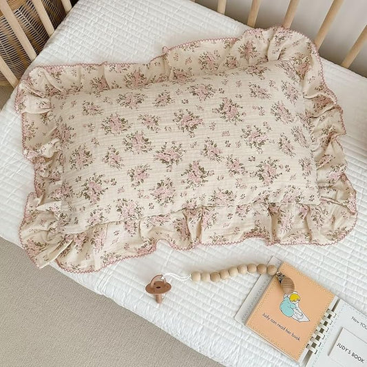 BuLuTu Cotton Muslin King Pillow Case, Chic Shabby Pink Floral Print Pillowcase for Teens Adults Children, French Country Ruffled Edges Pillow Cases,20x36 inch, 1 Piece, Pink Peony