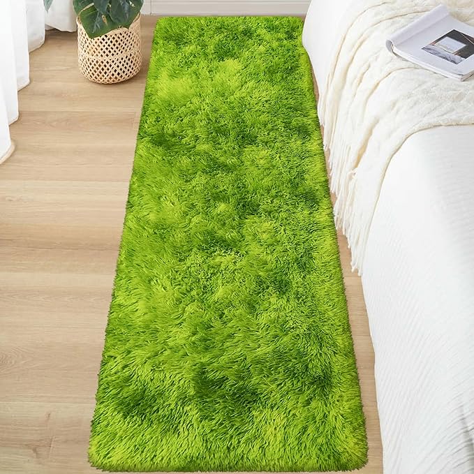 Grass Green Tie-Dyed Rug 2x6 ft Plush High Pile Shag Carpet Fluffy Soft Runner Bedside Rug for Bedroom Living Room Hallway Nursery Kids Home Decor