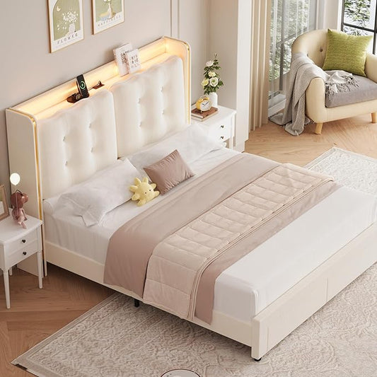 HITHOS Upholstered Queen Led Bed Frame with Charging Station and Storage Drawers, Velvet Princess Platform Bed Frames with Crystal-Button Tufted Headboard for Girls and Kids, No Box Spring Need, Beige