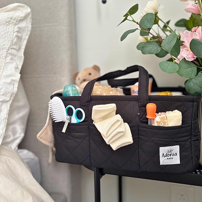 Adonia & Co Diaper Caddy Organizer – Large Nursery Storage Basket for Newborn Essentials – Portable & Machine Washable (Black)