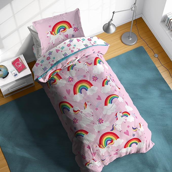 Sunny Side Up Rainbow Unicorns Twin Comforter Set - 5 Piece Kids Bedding Includes Comforter, Sheets & Pillow Cover - Super Soft Pink Floral Microfiber Bed Set