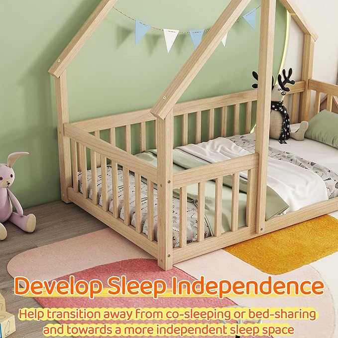 Casaphoria Twin Size House-Shaped Montessori Bedframe, Solid Pine Wood Kids Bed Frame, Toddler Floor Bed with Door & Fence for 1-3 Years Old Kids, Natural