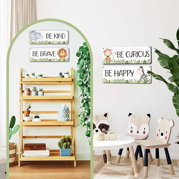 Woodland Nursery Decor, Safari Jungle Animals Boysroom Wall Sign Art, Motivational Bedroom Decorations for Kids Boys, 4 Pieces Wood Sign, 3.9x11.8 In-A05