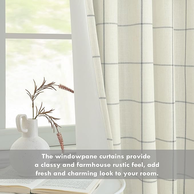 DriftAway 2 Panels 100% Blackout Windowpane Plaid Linen Curtains Double Layer Drapes for Bedroom 96 Inches Long Farmhouse Thermal Insulated 3.25 Inch Rod Pocket Back Tab for Living Room Gray