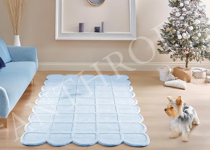 Selena Scallop Area Rug – 4’ x 6' – Blue Handmade Wool Area Rugs – Rugs for Living Room, Bedroom – Anti-Skid – Carpets with Non-Slip Natural Cotton Backing