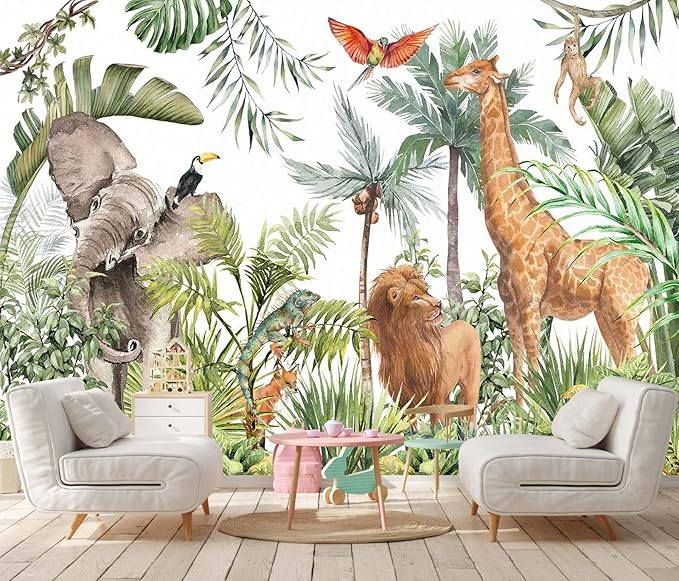 Safari Wallpaper Hand Painted Elephants Giraffes Monkeys Lions Tropical Palm Trees Jungle Forest Wall Mural for Bedroom Living Room Baby Nursery