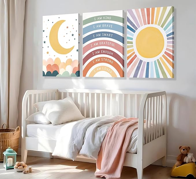 KBIERQN 3Pcs Boho Sun moon Canvas Wall Art Nursery Positive Affirmations Rainbow Poster Prints Bohemian Star Heart Picture for Toddler Baby Girls Room Playroom Bedroom Wall Decor 12x16in Framed