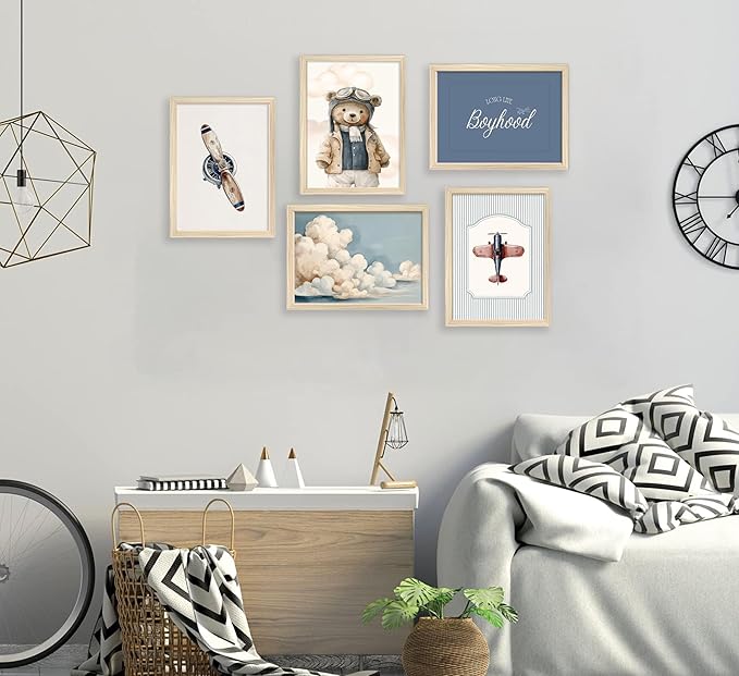 Vintage Baby Boy Nursery Wall Art Retro Airplane Travel Kids Room Canvas Wall Decor Teddy Bear Pictures Navy Blue Aviation Posters Cloudy Sky Painting Print Artwork for Boy Room Playroom, Unframed