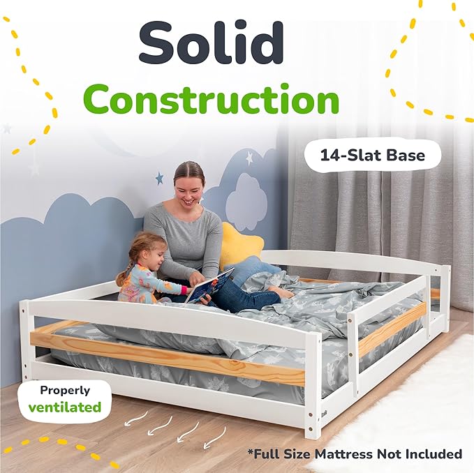 Ocodile Full Size Montessori Floor Bed for Kids - Strong Slatted Bed Frame with Full Rails - Ideal for Little Girls and Boys - White