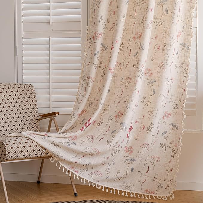 OYX Floral Curtains 2 Panels 52x63 Inches, Boho Tassel Semi-Sheer Light Filtering, Rod Pocket Farmhouse Window Drapes for Bedroom Living Room Dining Room, Bohemian Aesthetic Decor