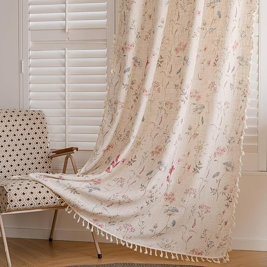 OYX Floral Curtains 2 Panels 52x96 Inches, Boho Tassel Semi-Sheer Light Filtering, Rod Pocket Farmhouse Window Drapes for Bedroom Living Room Dining Room, Bohemian Aesthetic Decor