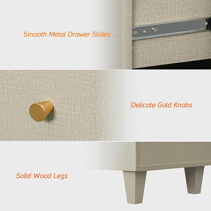 WAMPAT 3-Drawer Kids Dresser for Bedroom, Modern Small Chest of Drawers with Gold Knobs, 35 Inch Wide Linen Printed Finish Wood Children Dresser for Baby Room, Nursery, Living Room, Dark Beige