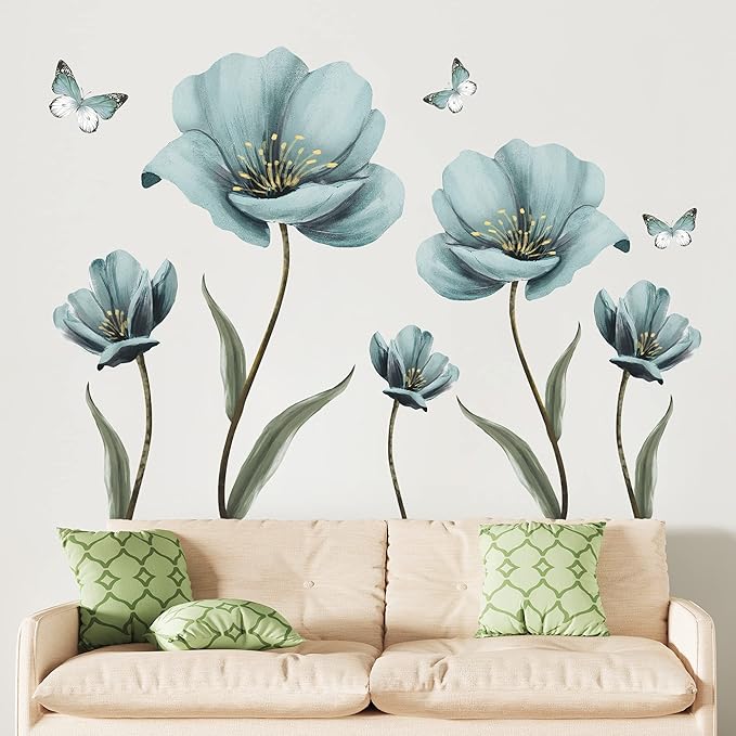 Dreamy Blue Flower Wall Stickers Creative Painted Butterflies Wall Decals Romantic Painting Art Decor Vinyl Removable Peel and Stick for Living Room Nursery Bedroom Office Bathroom Wall Decoration