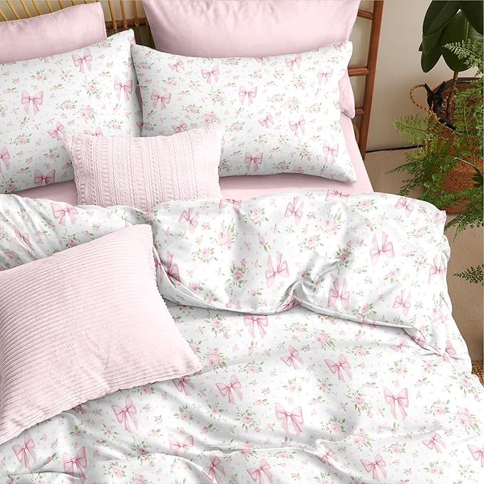 Nayoroom Pink Bow Comforter Set Full Size White Green Leaf Floral Comforter 3 Pieces Girls Soft Lightweight Cute Coquette Bedding Set for All Seasons