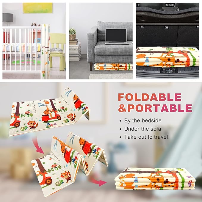 Mergren Baby Playmat - Foam Foldable Crawling Playmats Reversible, Waterproof, Anti-Slip Floor Playing Mats for Infants and Toddlers, Indoor, Outdoor - Extra Large (79"x71")