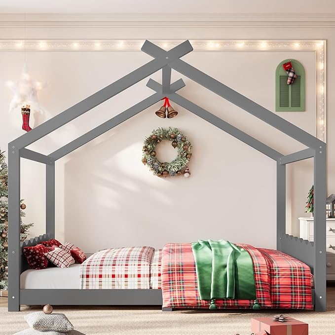 Queen Size Wooden House Floor Bed - Kids Bed Frame with Roof & Support Slats for Bedroom, No Box Spring Needed, Easy Assembly (Grey)