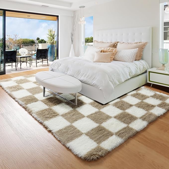 KICMOR Area Rugs for Bedroom Living Room, 4x6 Fluffy Soft Beige and Cream White Checkered Rug Fuzzy Shag Shaggy Carpet, Indoor Plush Rugs for Kids Boys Girls Dorm Nursery Office Home Decor Aesthetic