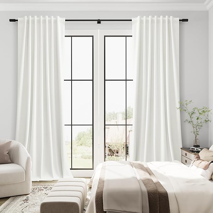 Guken Ivory Linen 100% Blackout Cream Curtains 96 Inches Long 2 Panels Set Textured Neutral Farmhouse Light Blocking Soundproof Thermal Insulated Back Tab Curtains for Bedroom Nursery 52x96 8Ft