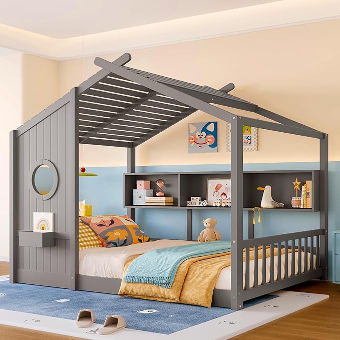 Full Size Floor House Bed with Roof and Window for Kids, Wooden Playhouse Bed with Storage Shelves for Bedroom Furniture Girls & Boys (Gray/L1, Full)