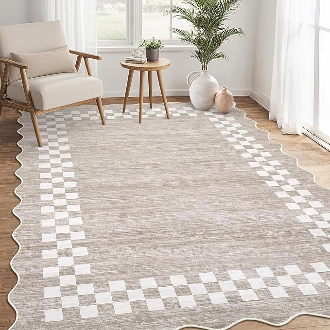 GarveeHome 4x6 Area Rug Small Washable Living Room Rug Scalloped Rug with Rubber Backing Stain Resistant Low Pile Dining Room Throw Carpet Modern Bordered Mat for Bedroom Kitchen, Fog