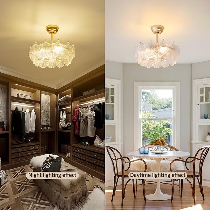Shell Ceiling Fan with Light 20 Inch Gold Fandelier Modern Crystal Chandelier with Fan Semi Flush Mount Remote Control 6 Speeds for Girls Bedroom,Living Room