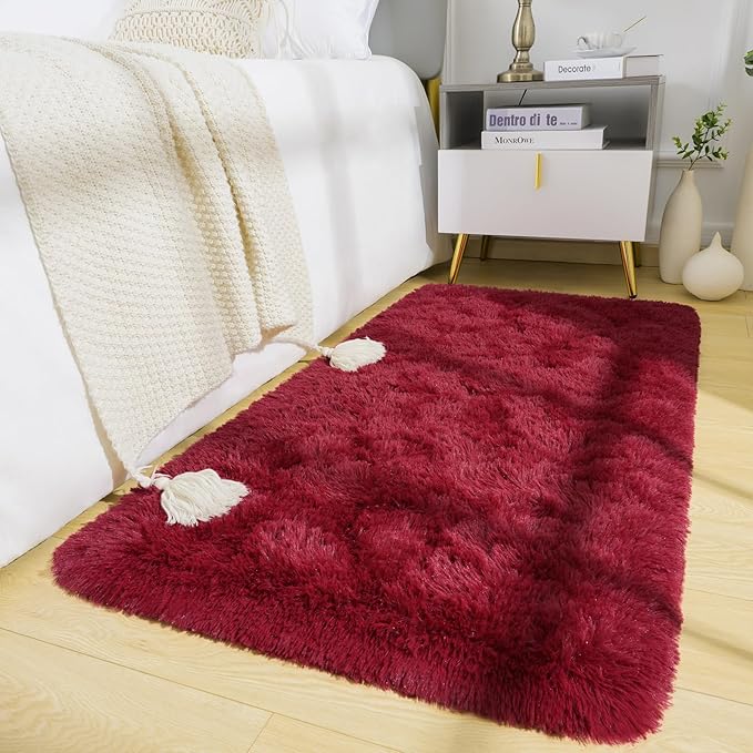BENRON Fluffy Runner Rugs 2x4, Soft Long Runners for Bedroom Hallyway Entryway Kitchen, Washable Fuzzy Throw Rug for Kids Girls Room Decor Photo Prop, Wine Red