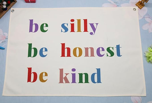 Boho Rectangular Banner Flag Sign Wall Art Decor Gift for Baby Boy Girl Kids,Nursery Classroom Homeschool Playroom Door-Be Silly Be Honest Be Kind Print-Baby Present Shower,Birthday Christmas Gift