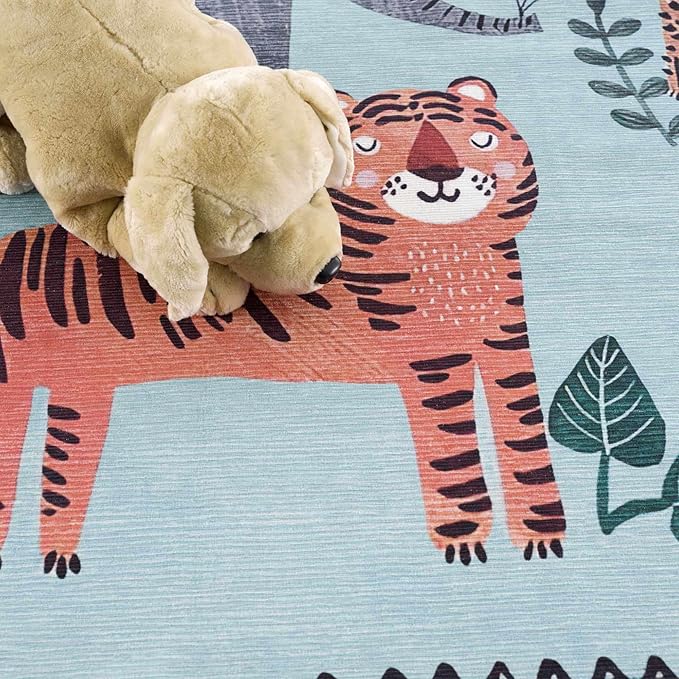Hauteloom Petey Kids Room, Nursery Machine Washable Area Rug - Animals - Blue, Terracotta - 5'3" x 7'3"