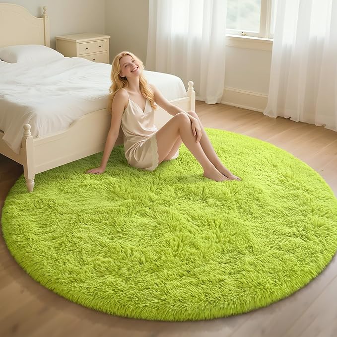 EVOIONOS Green Grass Round Rug for Living Room, 6x6 Ft Fluffy Soft Circle Area Rugs for Bedroom, Plush Shaggy Circular Carpet for Indoor Floor Bedside Kids Nursery, Home Decor Aesthetic