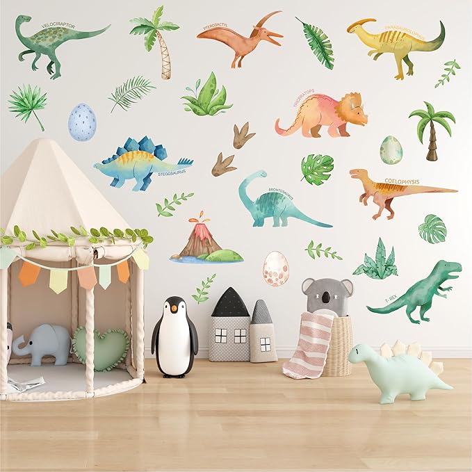 AOWDIAO Watercolor Dinosaur Wall Decals - 28 Pcs Peel and Stick Dino Decor for Boys’ Bedroom, Nursery & Classroom