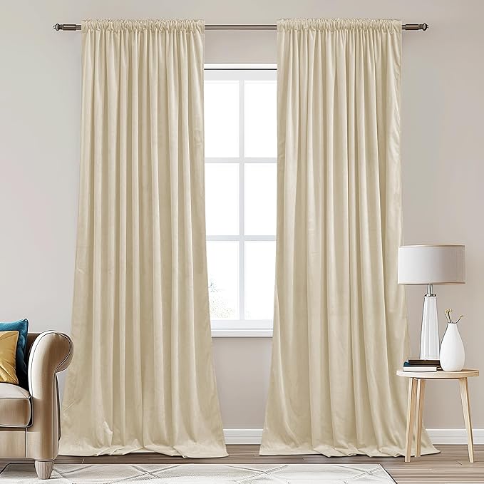 StangH Luxury Velvet Curtains 96 inches - Beige Light Dimming Energy Saving Drapes for Nursery Bedroom, Elegant Home Decor Back Tab Privacy Panels for Hallway, W62 x L96, 2 Panels