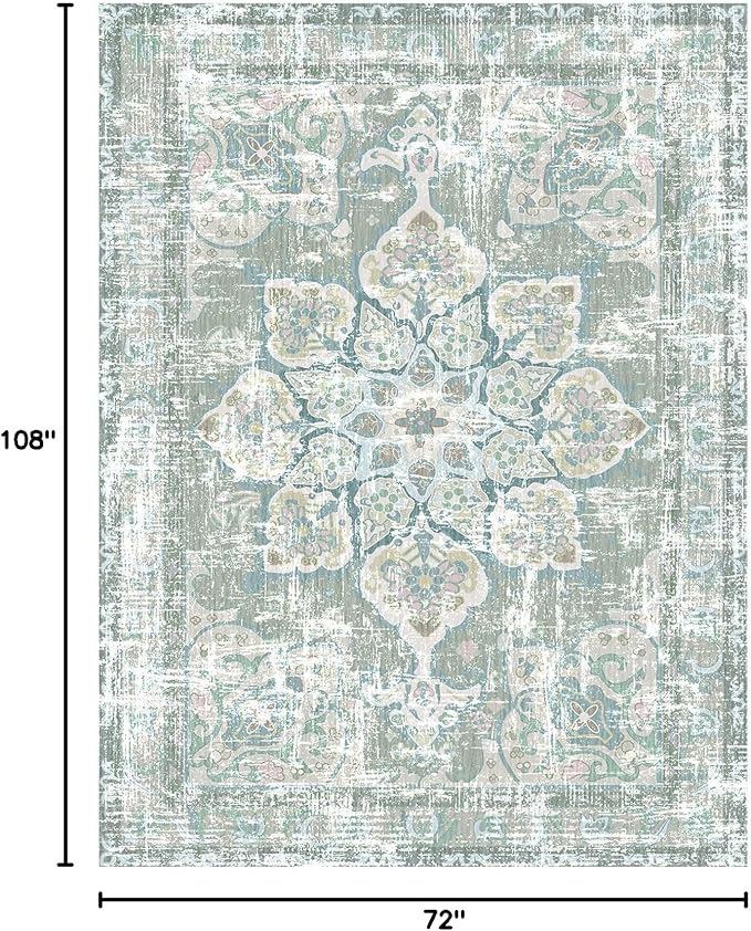 Vhong Washable Area Rugs Boho Vintage Neutral Modern Pale Green 6x9 Non Slip Small Carpet for Living Room Dining Room Bedroom Farmhouse