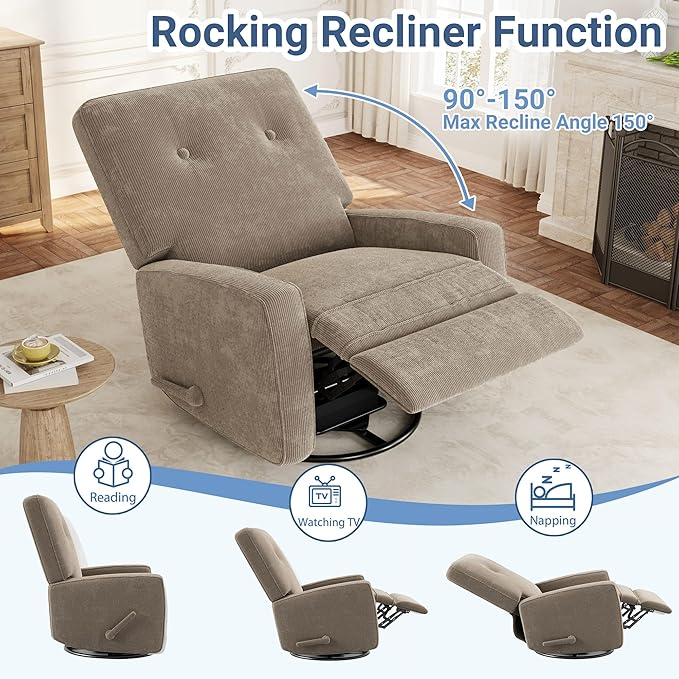 GarveeHome Recliner Chairs, Swivel Rocker Recliner, Glider Recliner Nursery Chair, 360 Swivel Glider Rocking Chair for Living Room, Bedroom, Office, RV, Small Spaces, Corduroy, Khaki