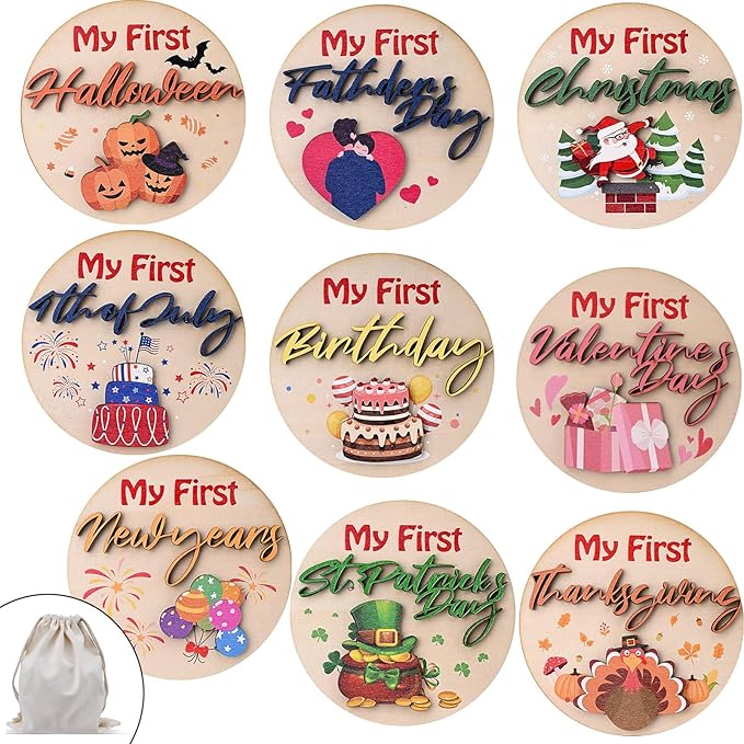 My First Holiday Baby Milestone Cards Wooden Circles New Baby Sign My First Halloween/Christmas/Birthday Decorative Keepsake Signs with Storage Bag
