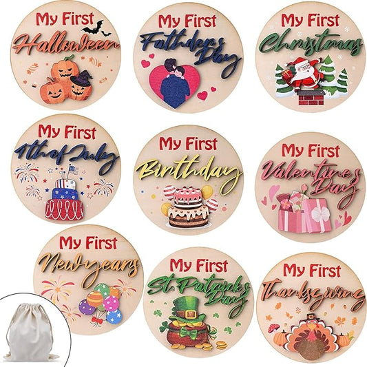 My First Holiday Baby Milestone Cards Wooden Circles New Baby Sign My First Halloween/Christmas/Birthday Decorative Keepsake Signs with Storage Bag