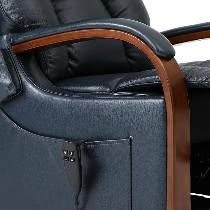DYNOX Small Lift Chair Recliner with Heat and Massage, Dual Motor Power Lift Sofa for Elderly,Infinite Adjust for Back and Footrest,Side Pocket(9185,Genuine Leather,Blue