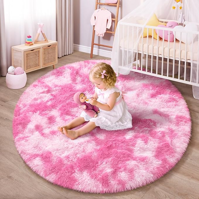 EVOIONOS Tie-Dyed Pink Round Rug Bedroom, 5x5 Ft Fluffy Soft Circle Area Rugs Living Room, Plush Shaggy Circular Carpet Indoor Floor Bedside Kids Nursery, Machine-Washable Home Decor Aesthetic