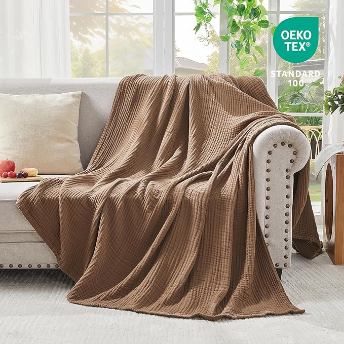 EMME Cotton Muslin Twin XL Blanket Breathable Gauze Blanket Soft Lightweight Blankets Adults Gifts for Women (Brown, 66"x90")