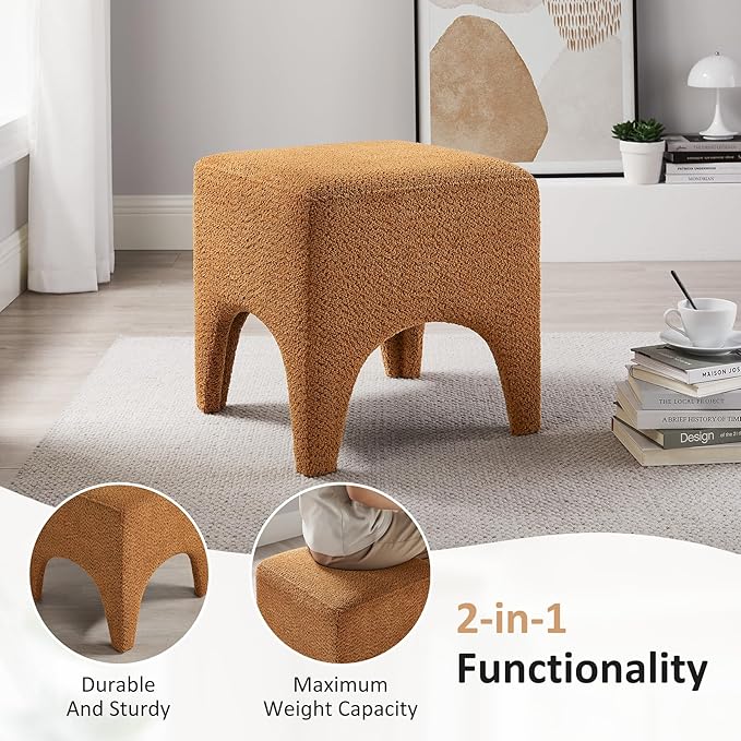 17" Boucle Modern Square Foot Stool Ottoman, Vanity Stool for Makeup, Rectangle Foot Rest for Couch, Upholstered Ottoman Stool for Living Room, Bedroom, Entryway (1, Curry)