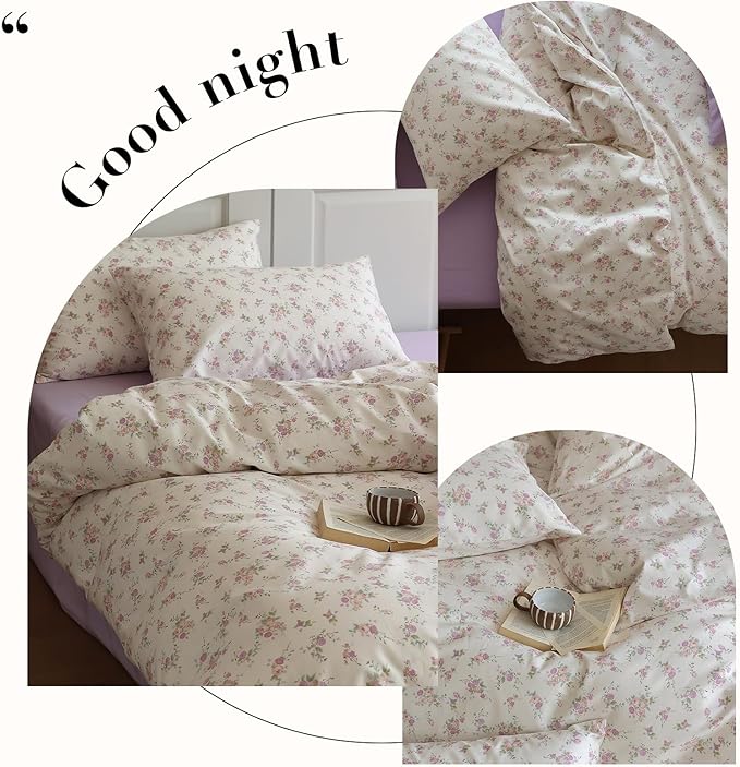 LifeTB Vintage Pink Floral Duvet Cover Queen Soft 100% Cotton Girls Cottagecore Bedding Set Cute Peach Flower Comforter Cover with Zipper Closure Vintage Country Bedding Botanical Duvet Cover Queen