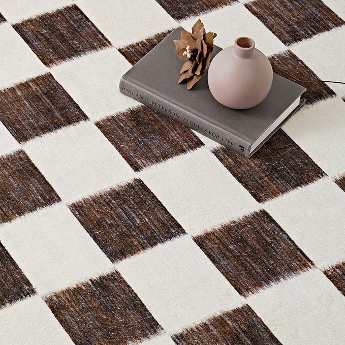 EverGrace Checkered Plaid Area Rug 4x6, Soft Fuzzy Faux Wool Rugs Washable Anti Slip Rugs Large Rug Carpet for Entryway Bedroom Living Room Hallway Kitchen Dining Room and Laundry Room, Dark Brown