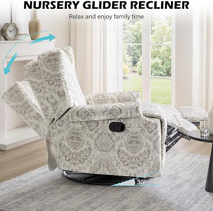 UIXE Swivel Glider Recliner Chairs Set of 2, High Back Nursery Rocker Fabric Accent Chair for Living Room, Rivet Trim Upholstered Armchair Manual Reclining Sofa Seating - Beige Floral
