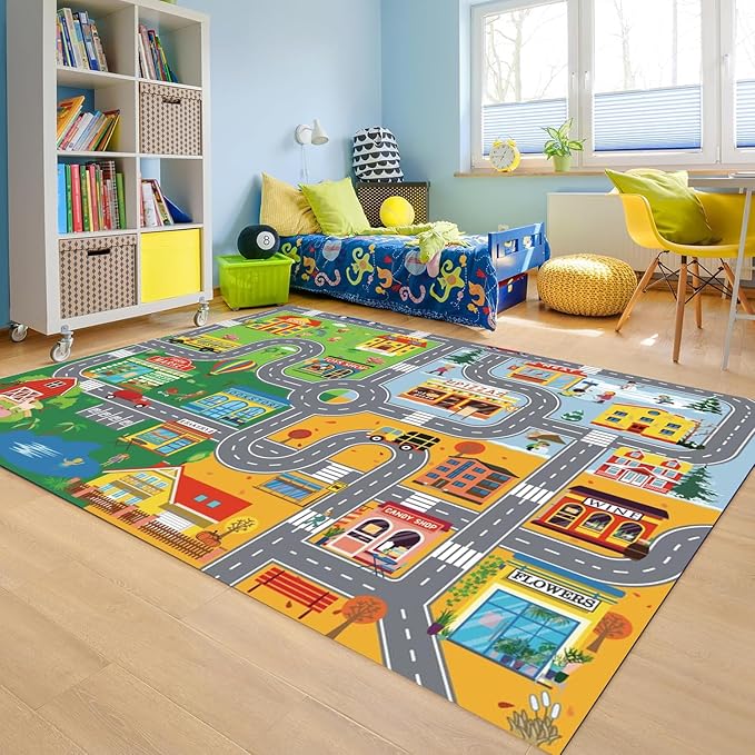 Car Rugs for Kids Toy Cars,Kids Play Rug with Non-Silp Backing, City Road Carpet for Playroom Bedroom Boys, Car Track Map Playmat - 9'2" x 6'7" (Rectangular)