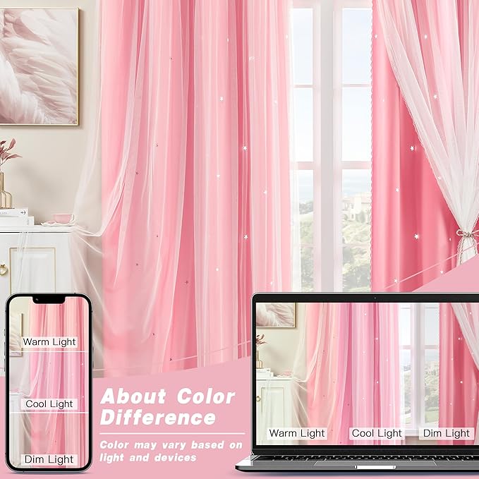 XiDi Pink Curtains for Girls Nursery Room 90 Inches Long Blackout Double Layer Curtains with Sheer Overlay for Kids Toddler Princess Bedroom Living Room Darkening Grommet Window Drapes W52 X L90