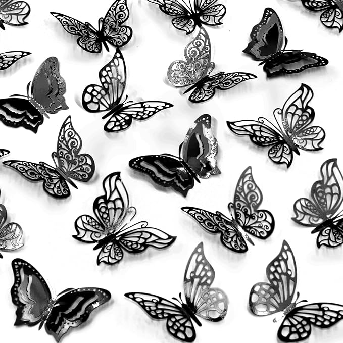 96 Pcs Butterfly Decorations 3 Sizes 4 Styles 3D Butterfly Wall Decor Party Decorations Butterflies for Crafts Birthday & Wedding Celebrations Cake Decorating Balloons Removable Stickers Black
