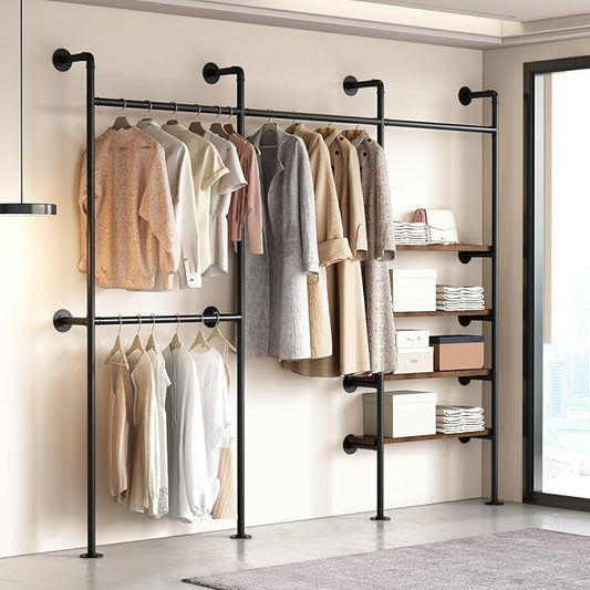 Industrial Pipe Clothing Rack,Wall Mounted Clothies Rack with Shelves, Heavy Duty Closet Organizers Wardrobe Multi-Purpose Storage Clothes Hanging Shelf-94.5''L Black