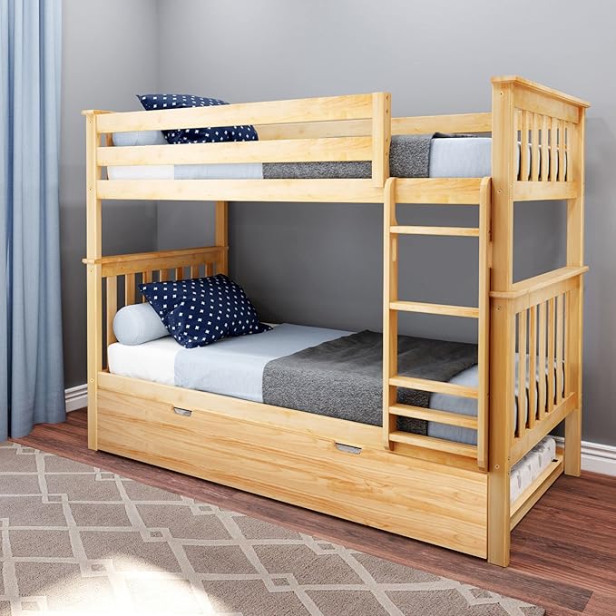Max & Lily Bunk Bed, Twin-Over-Twin Wood Bed Frame For Kids With Trundle, Natural