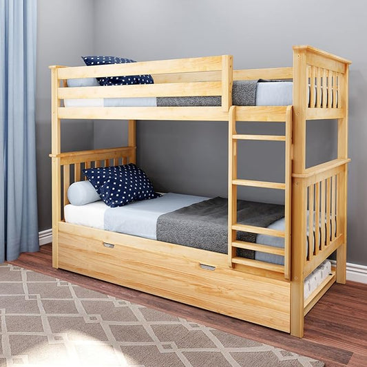 Max & Lily Bunk Bed, Twin-Over-Twin Wood Bed Frame For Kids With Trundle, Natural