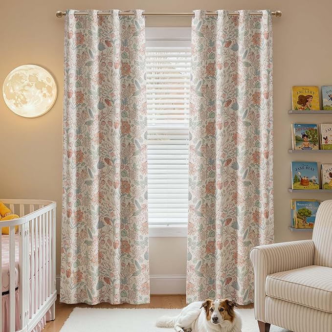 jinchan Nursery Curtains 95% Blackout Pink Floral Curtains for Girls Room, 84 Inch Length Farmhouse Drapes for Bedroom Living Room Darkening Window Treatment Grommet Top Set of 2 Panels